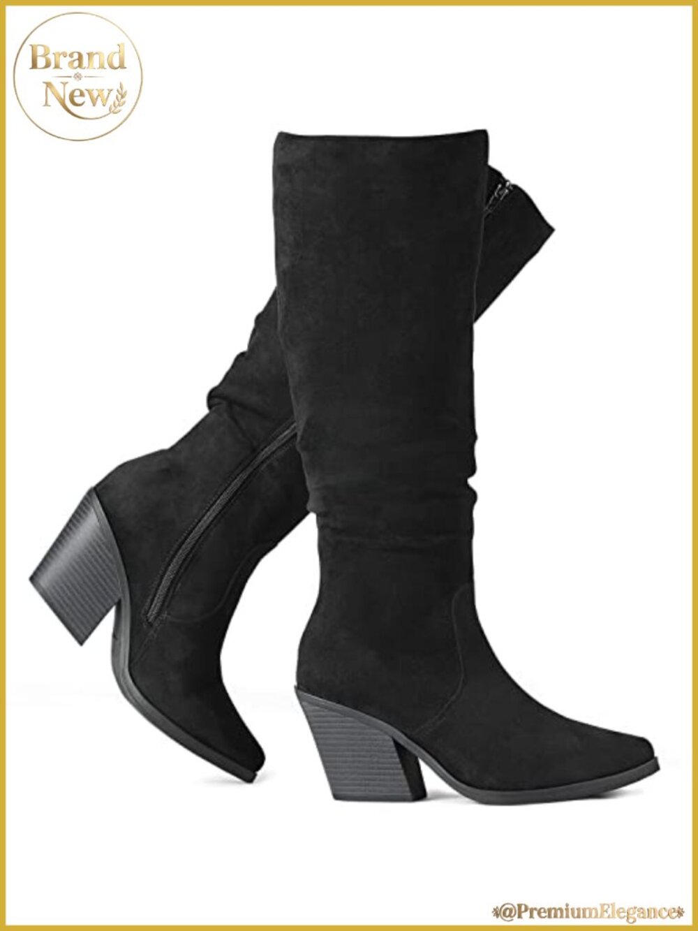 Faux Suede Knee High Slouch Boots Chunky Cuban Heel Pointed Toe